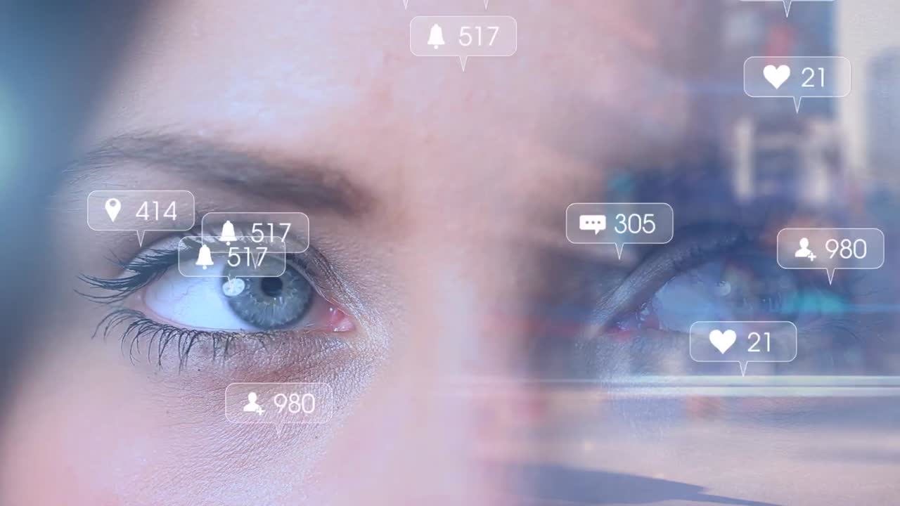 Animation of data processing over eyes of caucasian woman