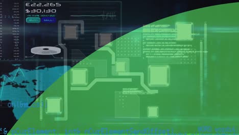Animación-De-Esfera-Verde-Sobre-Interfaz-Con-Escáner,-Mapa-Mundial-Y-Datos-De-Procesamiento-Azul