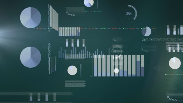 Animation of infographic interface with multiple graphs, programming language and trading board