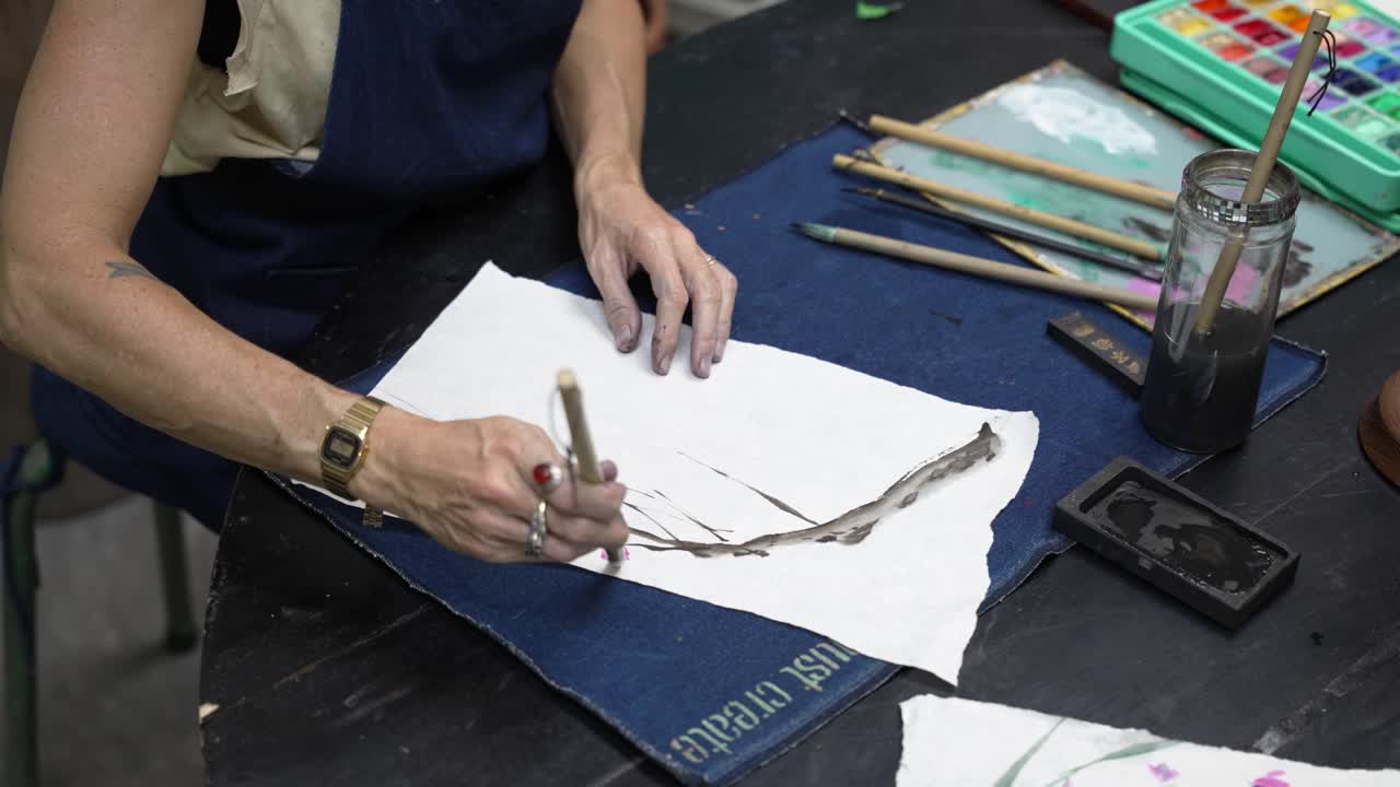Traditional Chinese ink painting, skilful fluid brushstroke techniques