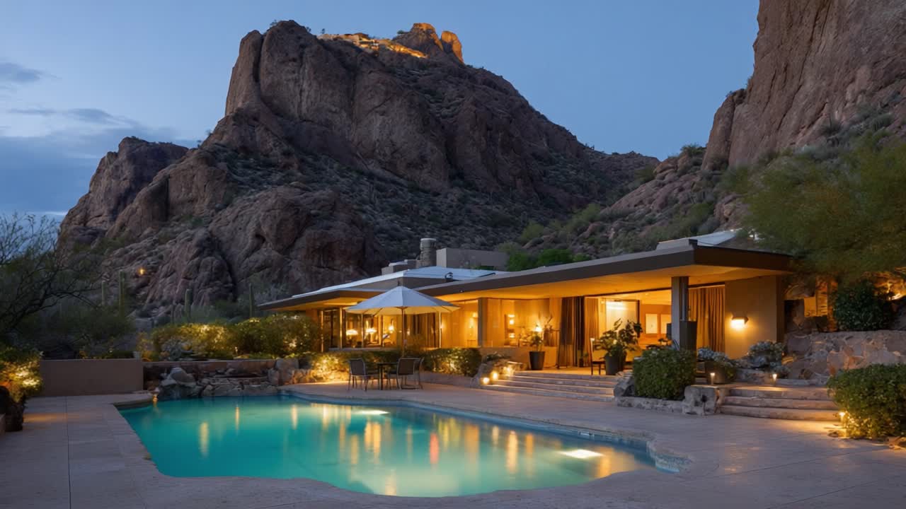 Un’oasi incantevole nel deserto: casa moderna con piscina illuminata al crepuscolo sotto maestose cime montuose