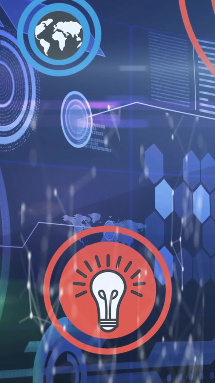 Animation of interface with cloud and data sharing icons over data processing