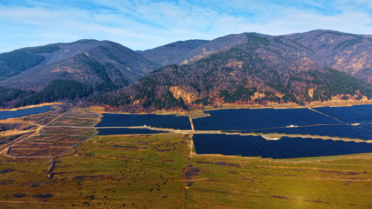 Vasto impianto fotovoltaico ai piedi delle montagne. Imponente schiera fotovoltaica situata in una valle sotto pendii montuosi boscosi sotto un cielo azzurro e limpido.