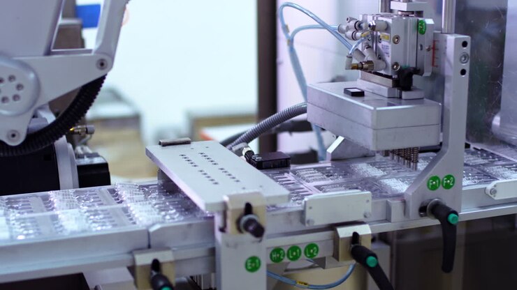 Pharmaceutical manufacturing line. Pharmaceutical vials on conveyor line