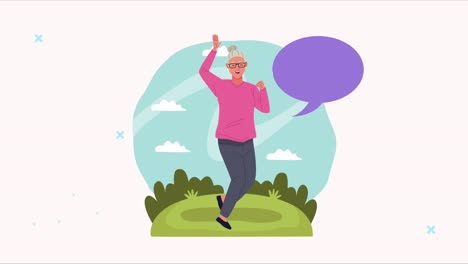 anciana feliz celebrando personaje de animación