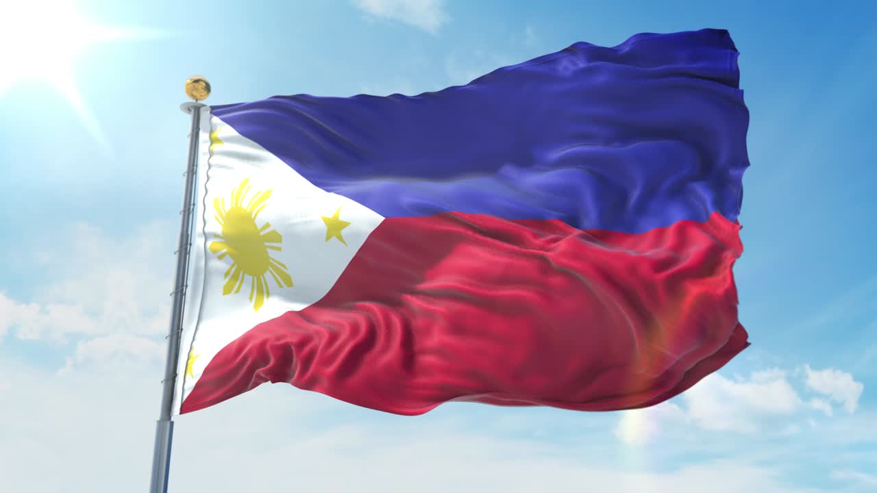 깊은 파란 하늘을 배경으로 바람에 흔들리는 필리핀 발, 국가 테마, 국제 개념, 3d 렌더링, 시엄리스 루프, 4k