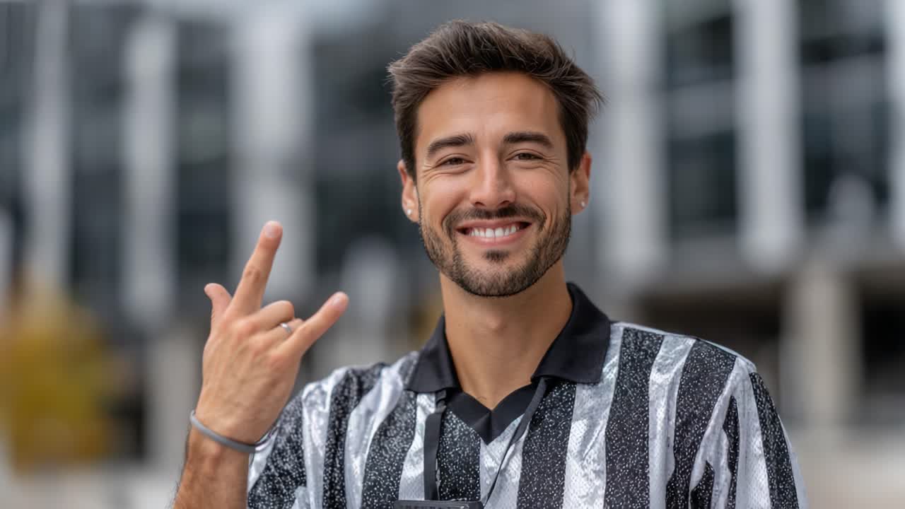 Smilende ung mand poserer med sejrstegn og stilfuldt outfit, udstråler selvtillid og positivitet i udendørs omgivelser.