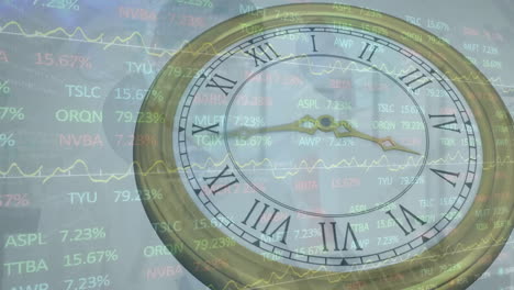 animation of moving clock over financial data processing on white background