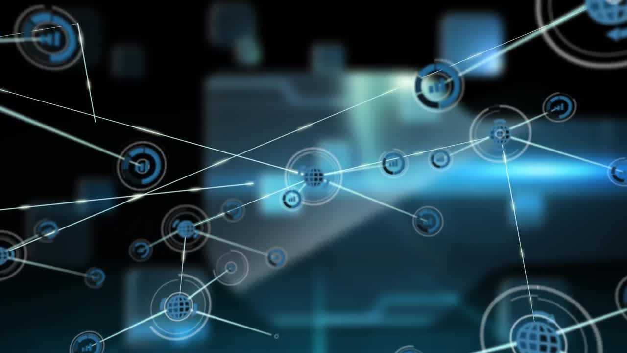 animación de la red de conexiones con iconos sobre formas sobre fondo negro