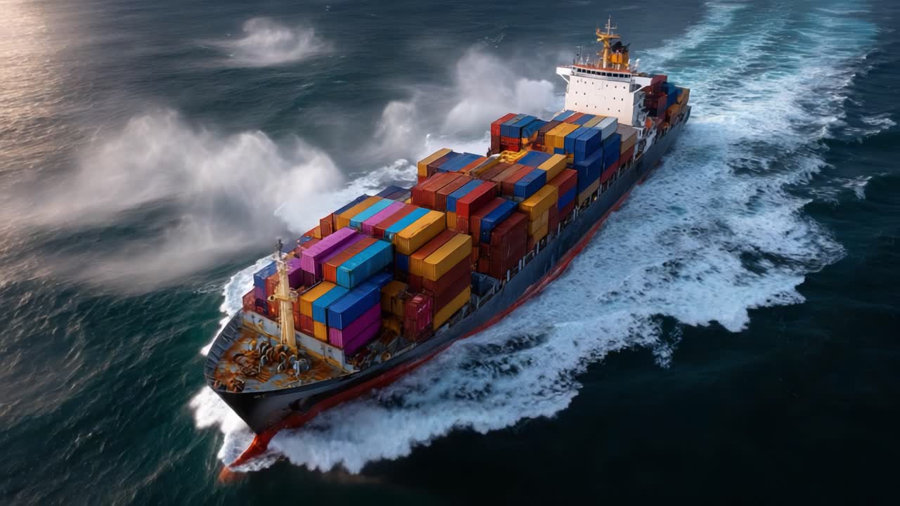 A Majestic Cargo Ship Navigating Through Choppy Waters, Surrounded by Colorful Containers and Bathed in Warm Sunset Light, Showcasing Modern Maritime Transport
