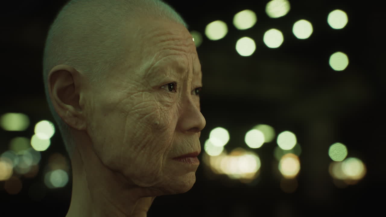 밤에 도시에 있는  ⁇ 은 아시아 여인