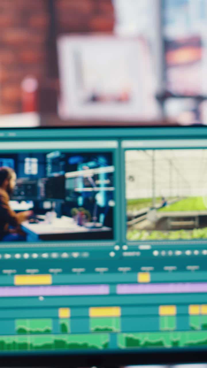 Vertical video Video editor wearing headphones to polish raw footage and improve audio quality