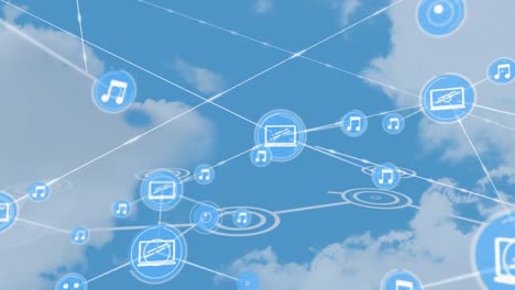 animation of network of connections with icons over clouds on blue background