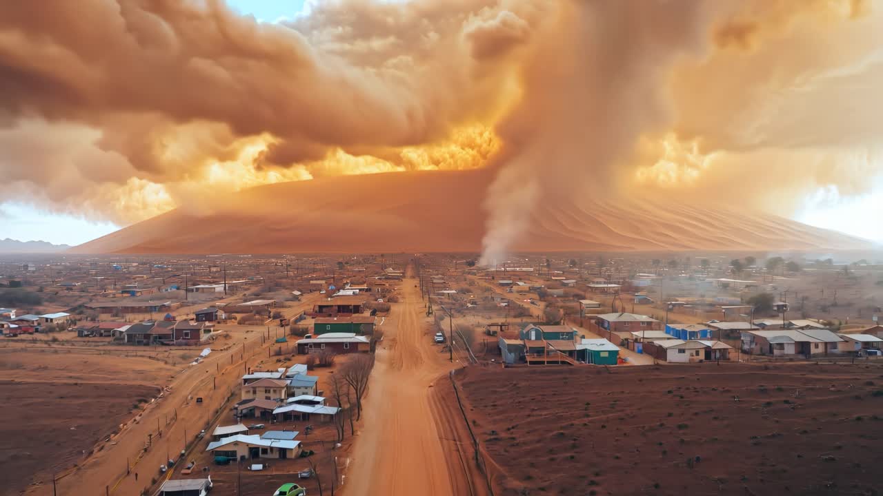 A desert scene with a large sand dune and a small town in the background. The sky is orange and the sun is setting