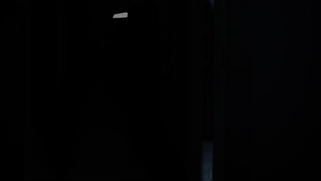 puerta de una habitación oscura lentamente abriendo y revelando la silueta de un hombre encapuchado en la noche