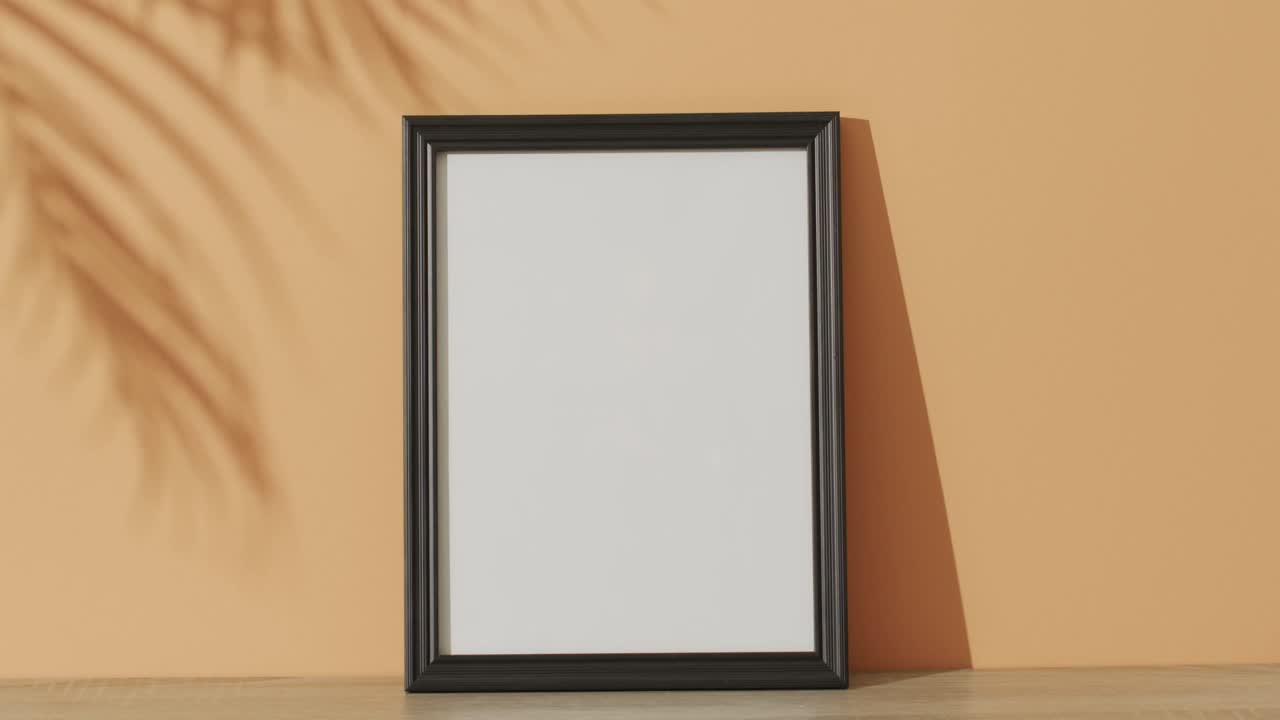 marco negro con espacio de copia en fondo blanco y sombra de hoja contra la pared naranja