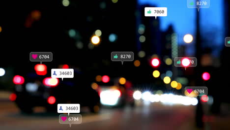 소셜 미디어 아이콘과 숫자의 애니메이션 초점이 맞지 않는 도시 불빛
