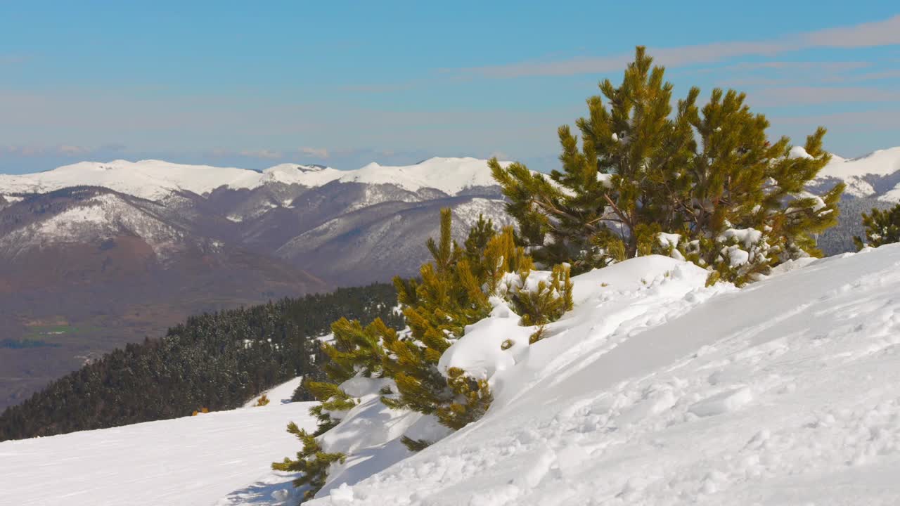 Snow-covered Pyrenees mountains, clear skies, and a peaceful winter scene
