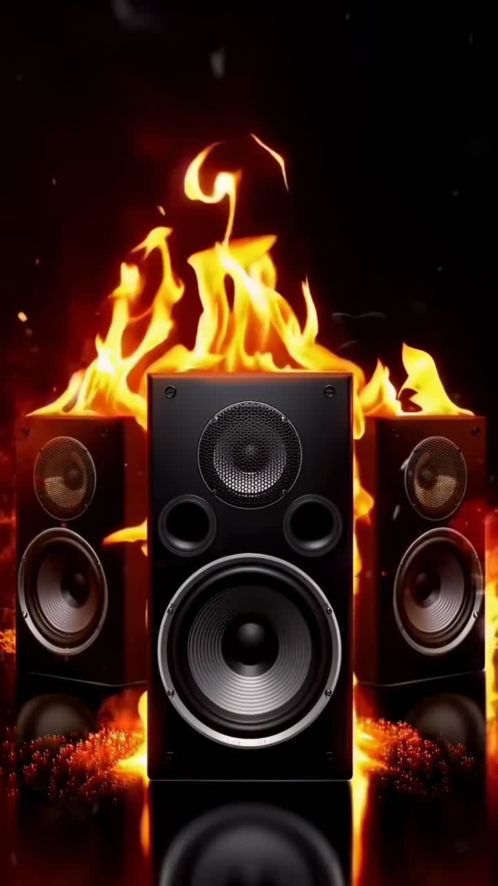 Dynamic video concept of speakers engulfed in flames, captured from a low angle