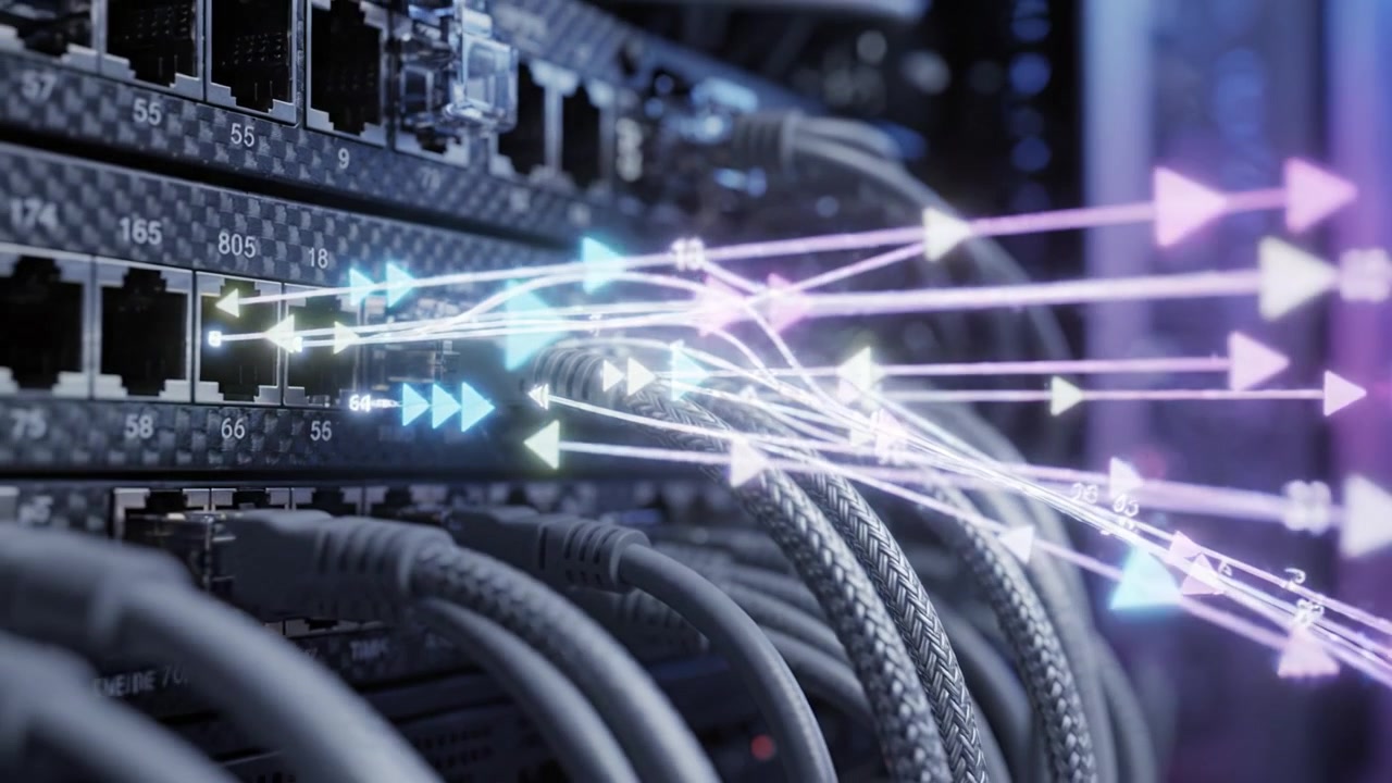 Advanced Networking Technology: Close-Up of High-Speed Server Connections and Data Flow Visualization in a Modern Data Center Environment