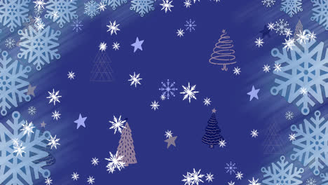 Animation-of-snow-falling-christmas-tree-pattern-on-blue-background