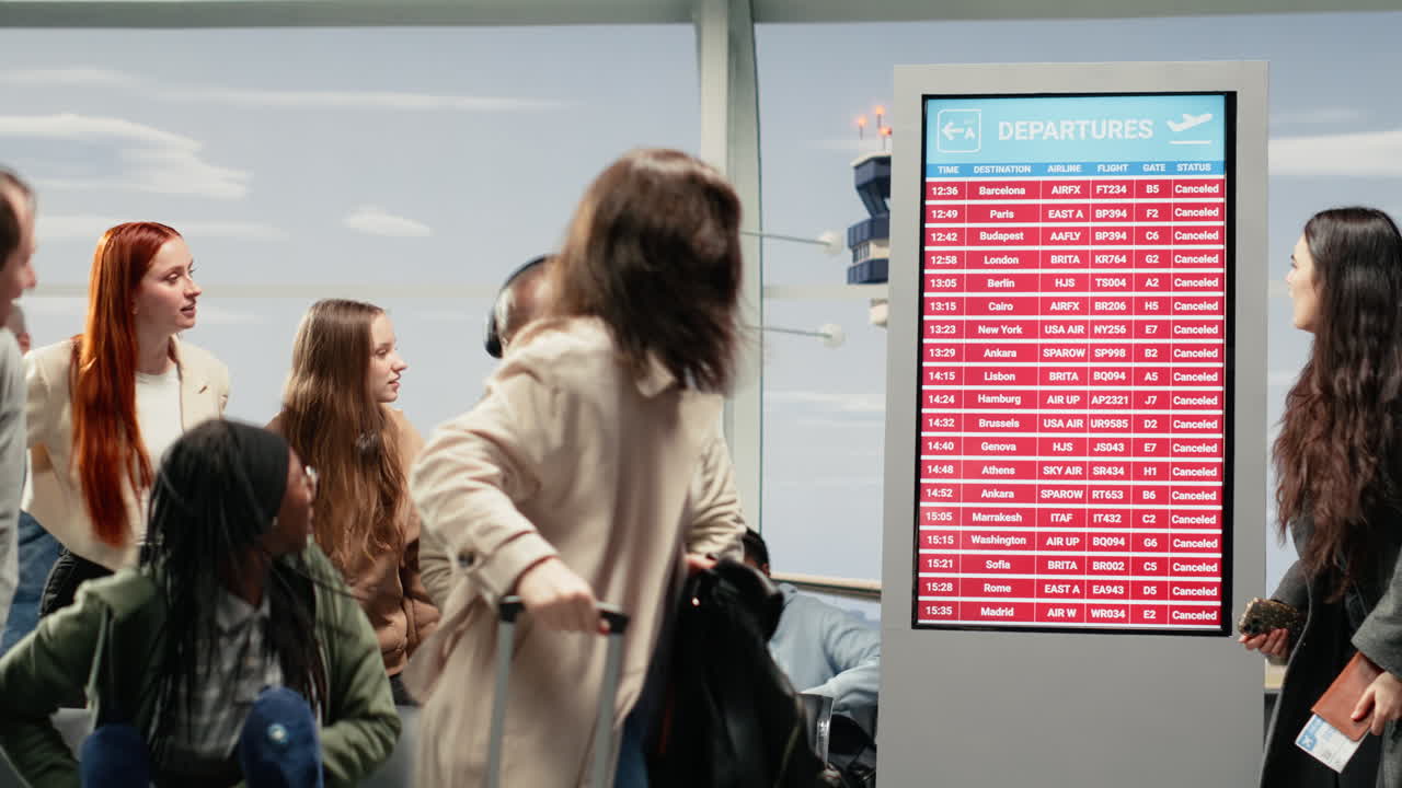 Espera, voo atrasado e multidão multiétnica no aeroporto no portão de embarque