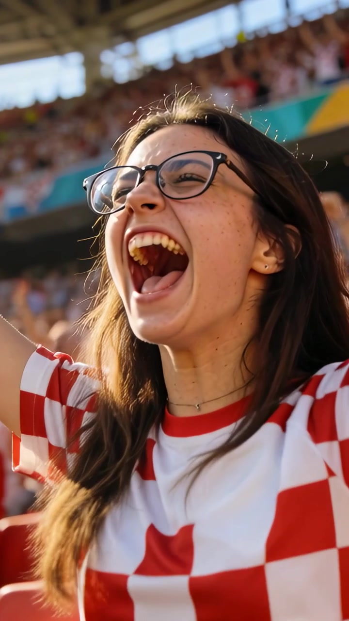 Vídeo vertical: Torcedora animada de óculos levantando o braço no estádio após um gol, camisa vermelha.