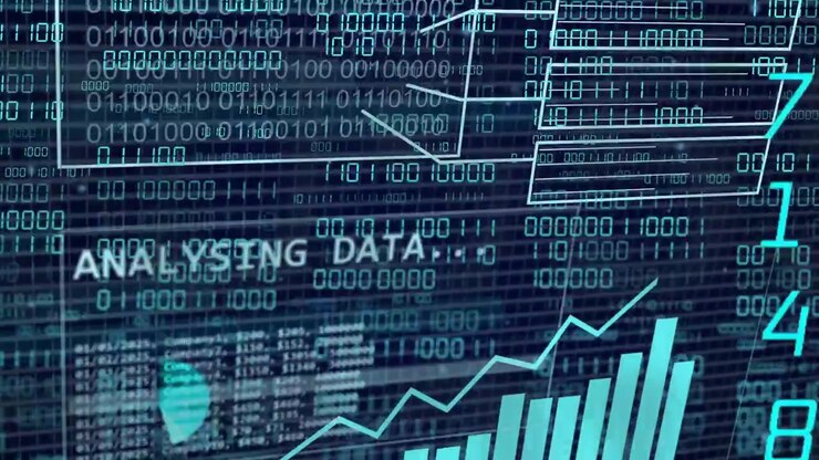 Data panel receiving live feed, scrolling binary, stacking teal values, forming charts for analysis
