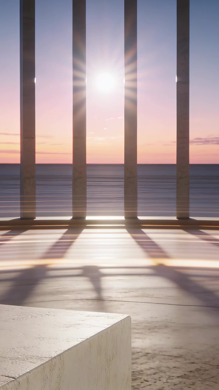 Colonne e vista sull'oceano che mostrano ombre di colonne scorrevoli mentre il sole si muove attraverso l'orizzonte, guidando il design