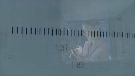 animación del procesamiento de datos financieros sobre una mujer caucásica en la sala de servidores