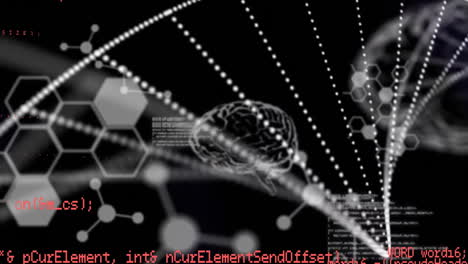 Animation-Des-Menschlichen-Gehirns,-Der-DNA-Und-Der-Datenverarbeitung-Auf-Dunklem-Hintergrund