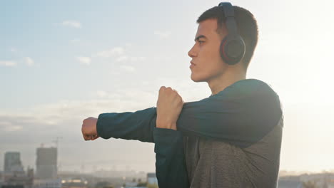 headphones, man and stretching with music