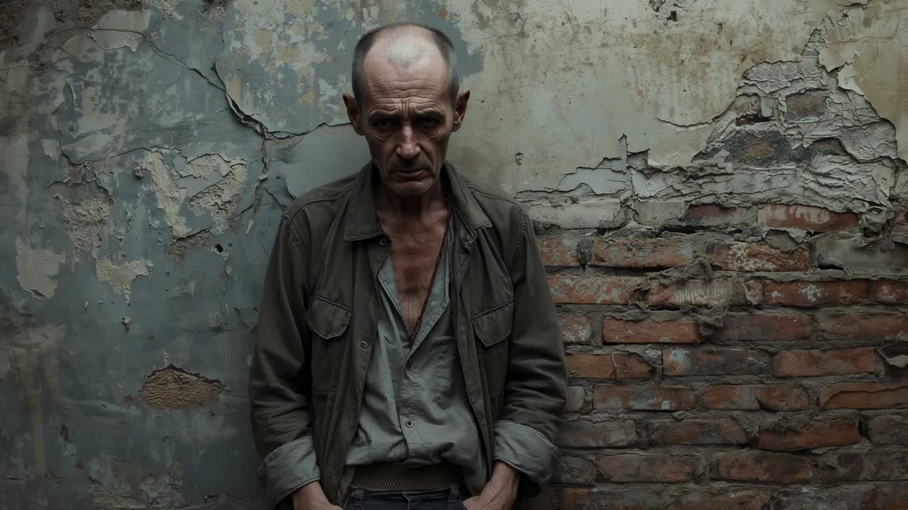 Camera zooming man squaring shoulders, lifting head against alley wall, olive coat looking focused