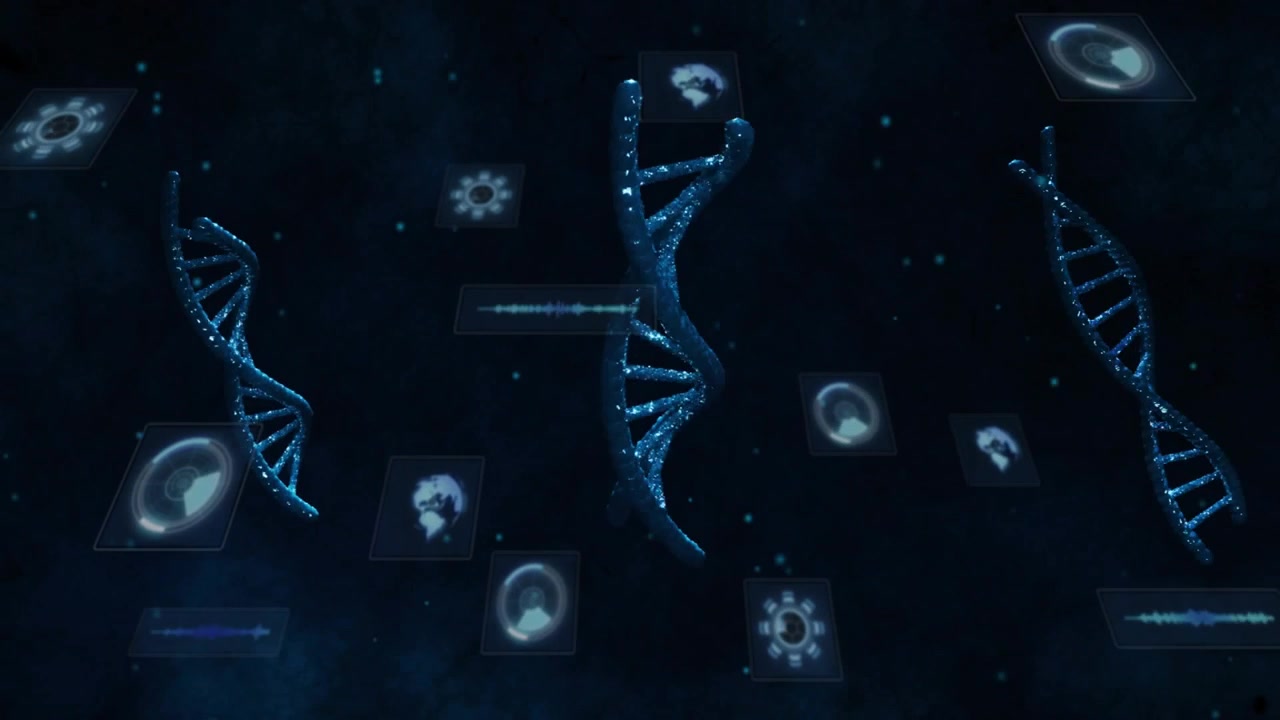 On start glowing DNA helices drifting and rotating while icons forming grid showing tech data