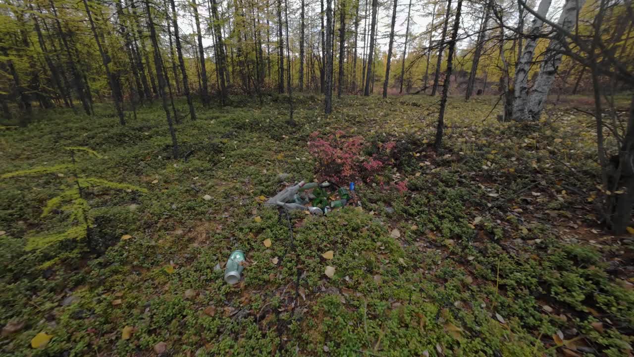 A drone soars over a tranquil forest, uncovering the stark contrast between nature’s beauty and scattered garbage. This footage highlights environmental concerns within this peaceful ecosystem.