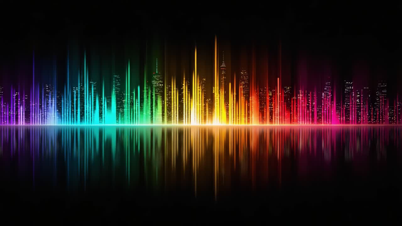 Vibrant Spectrum of Urban Energy: A Dynamic Visualization of Sound Waves Reflected on a Serene Nighttime Cityscape