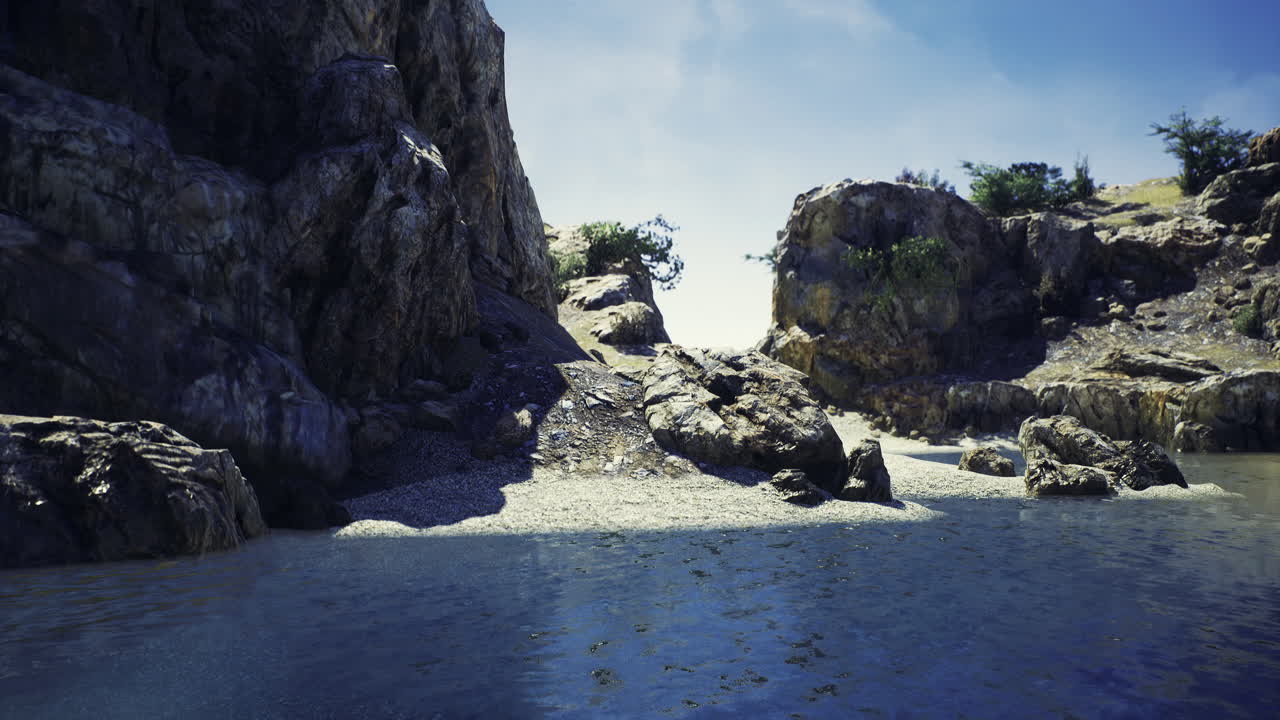 Scenic coastal view with rocky cliffs and tranquil blue waters at midday