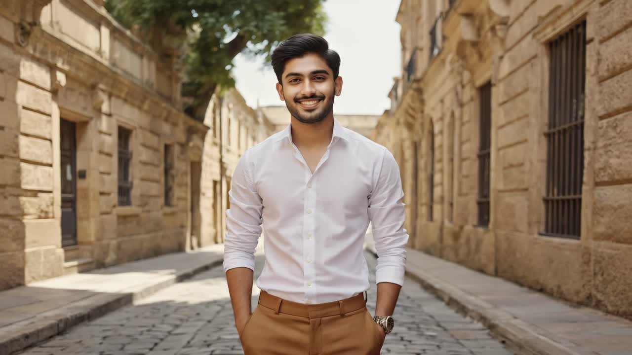 Professional businessman walking confidently along cobblestone street, wearing crisp white shirt and tailored beige trousers under bright sunlight