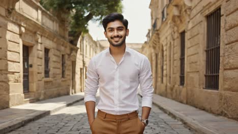professional businessman walking confidently along cobblestone street, wearing crisp white shirt and tailored beige trousers under bright sunlight
