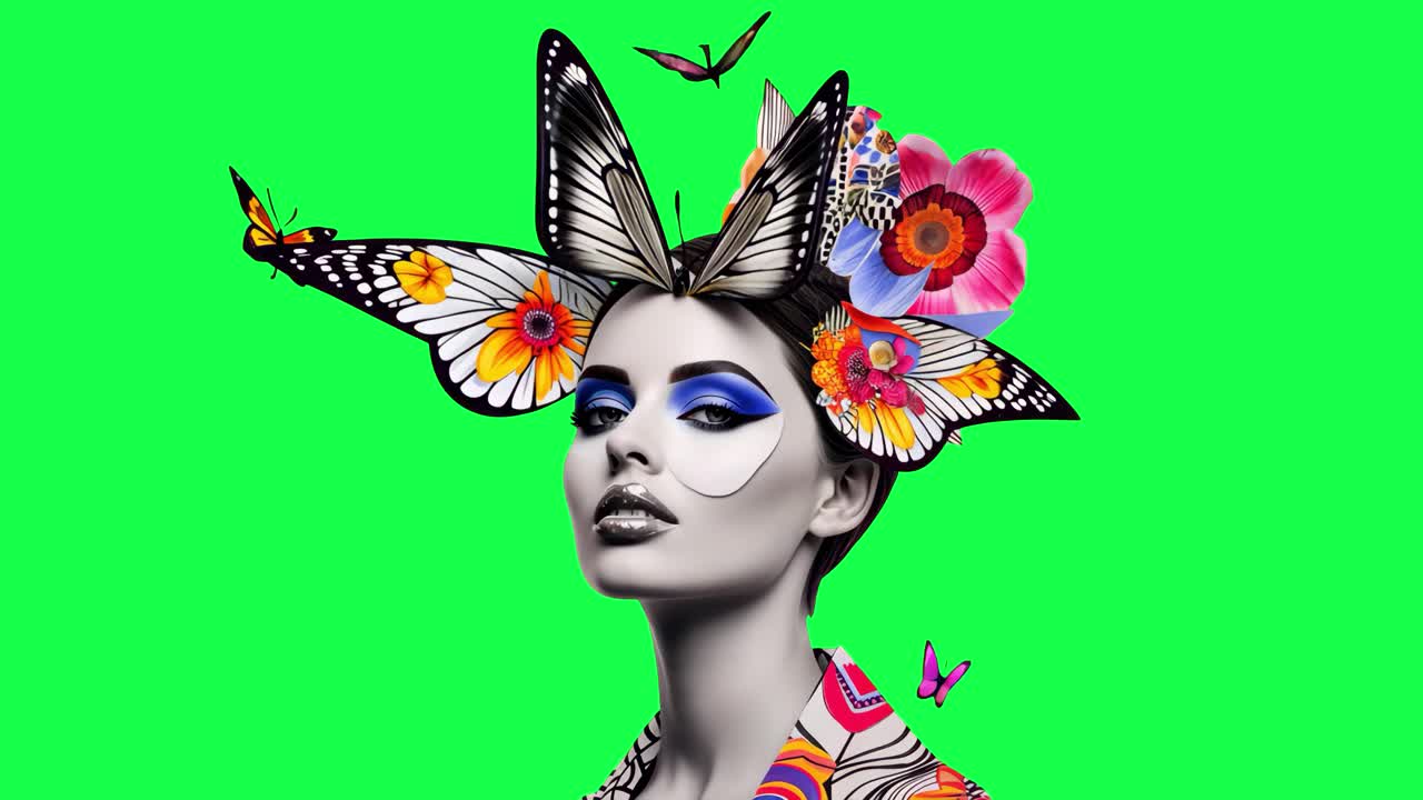 Animazione di collage di farfalle surreali vivaci, video 4K trasparente, green screen