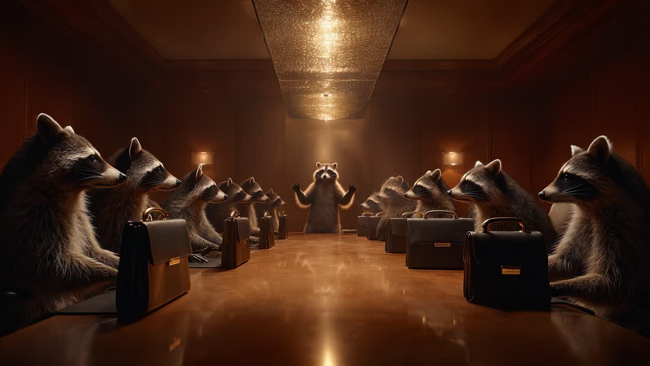 In a lavishly lit boardroom, a gathering of raccoons in suits engages in a serious discourse, highlighting their uncanny ability to mimic human behavior in a polished corporate setting