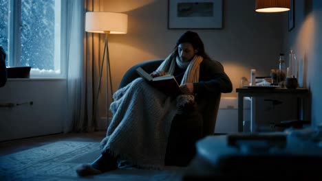 hombre leyendo en una acogedora noche de invierno