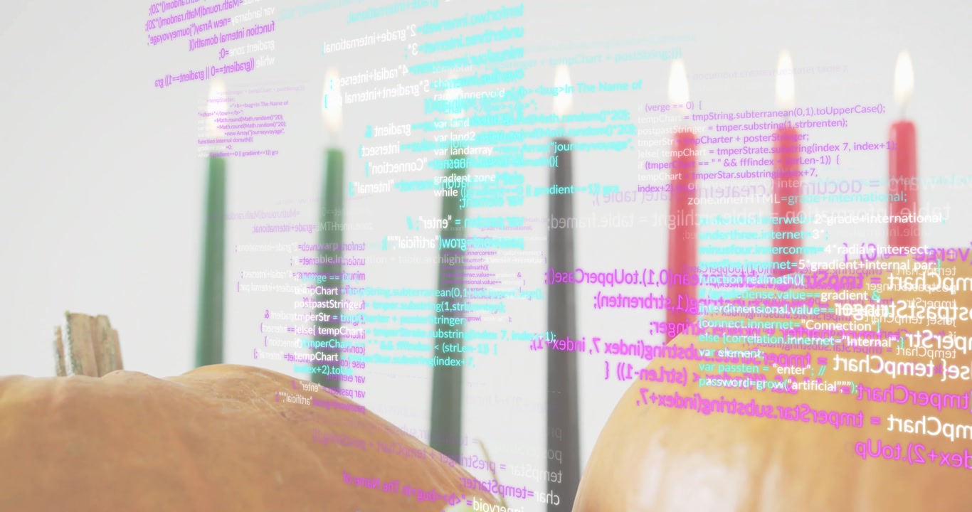 Pastel code fading over harvest display, scrolling then candles emerging and lighting kinara scene