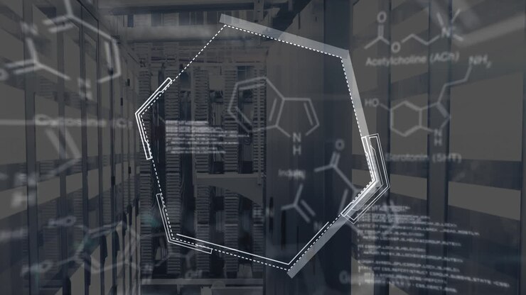 Animation of chemical formula and data processing over server room