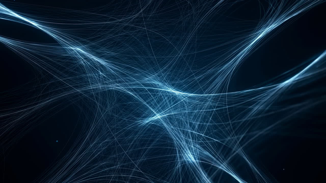 Electric Filament Web Of Light Weaving Across Dark Void With Delicate Blue Strands And Glowing Nodes, Neural