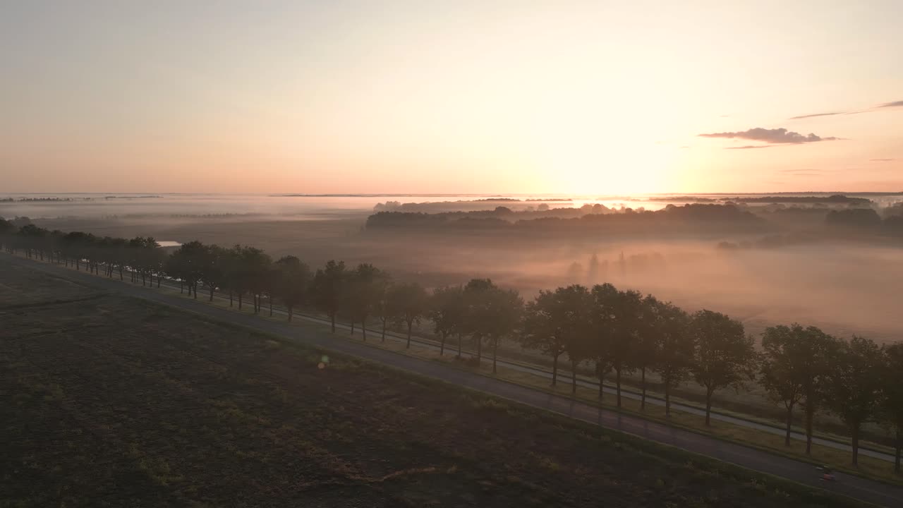 시골 도로 위의 안개가 가득한 해가 뜨고