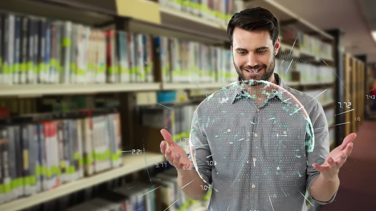 composición digital de un hombre en una biblioteca