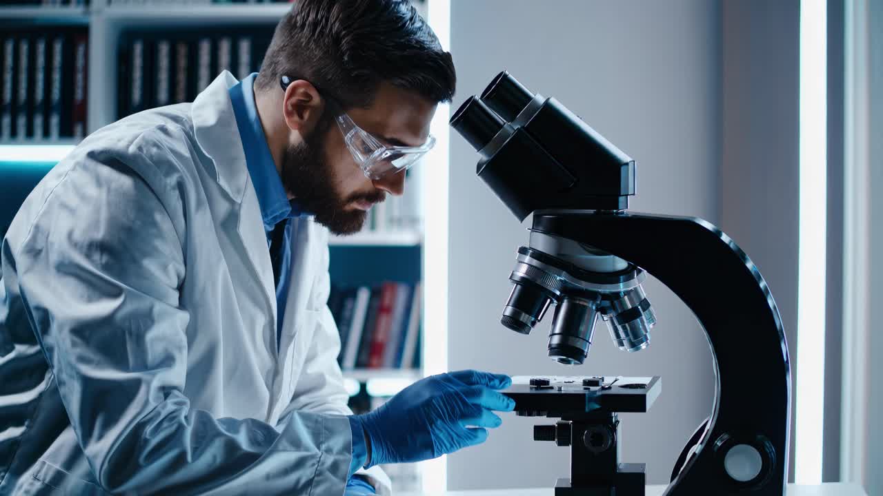 A scientist examines a slide under a microscope in a lab. Side angle captures focus and precision