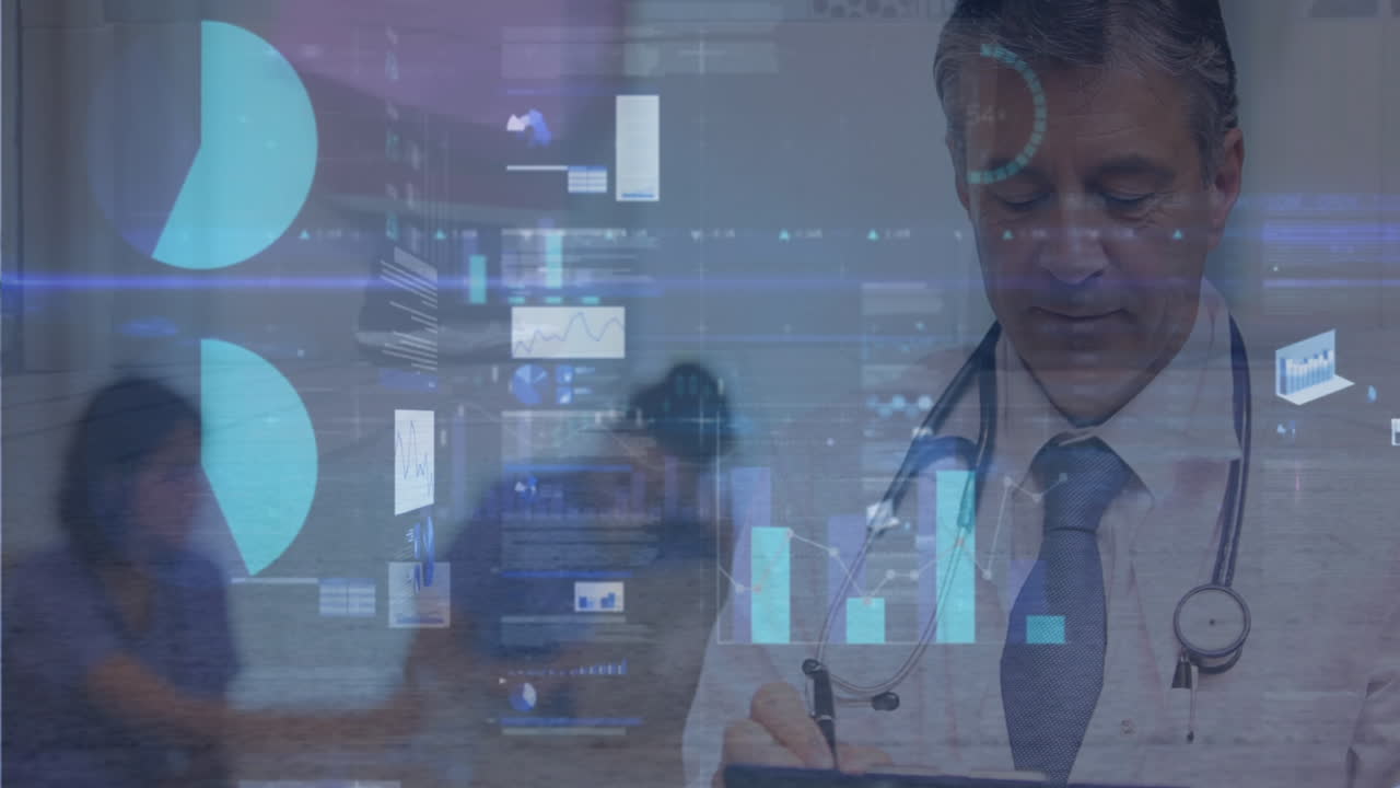 animación del procesamiento de datos financieros y estadísticas sobre el médico caucásico masculino