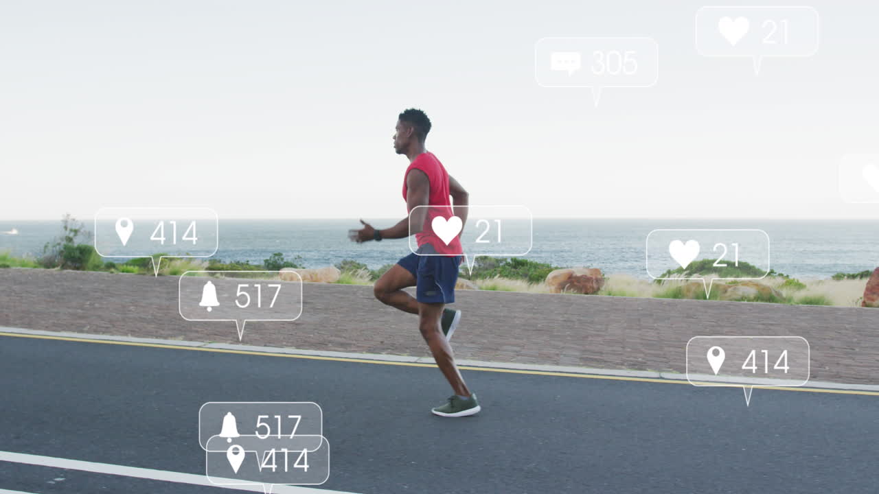 Animation of multiple notification bars over african american athlete running on highway